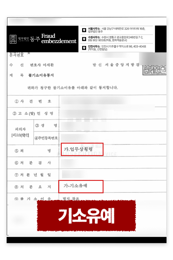업무상횡령초범 위기에서 법무법인 동주가 발 빠르게 합의와 양형 자료를 준비해 검찰 단계에서 기소유예를 이끌어내고, 의뢰인의 전과 기록을 막아낸 성공적인 조력 과정을 보여주는 이미지